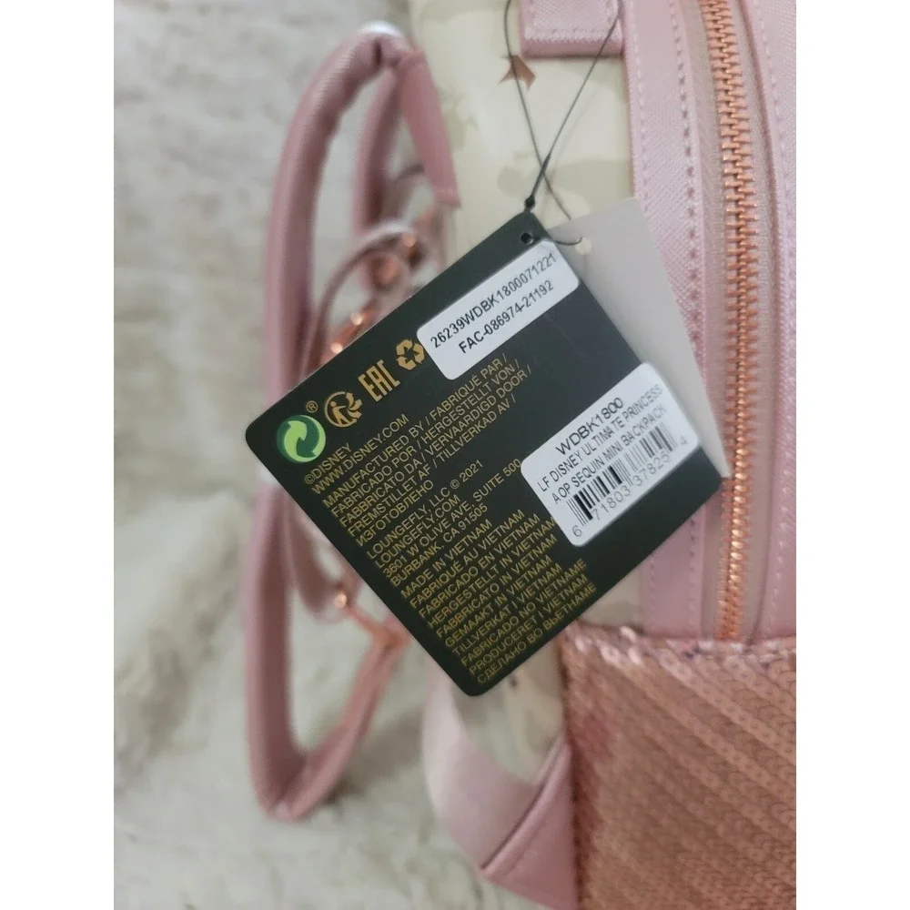LOUNGEFLY DISNEY PRINCESS PINK SEGUINS MINI BACKPACK GOLD‎ CROWN  SILHOUETTES